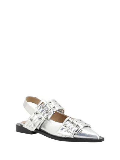 Ganni Silver Slingback Ballet Flat Shoe With Buckles In Silver