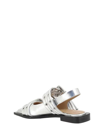 Ganni Silver Slingback Ballet Flat Shoe With Buckles In Silver