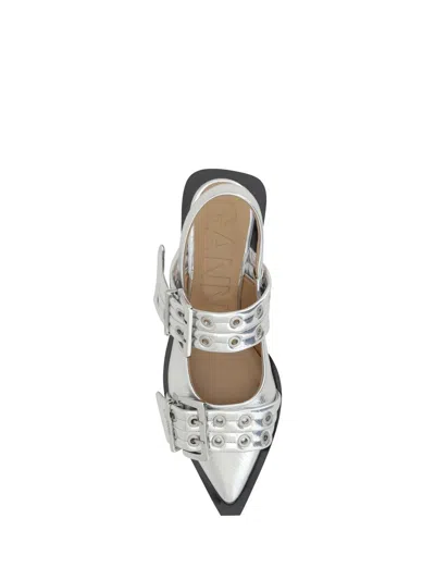 Ganni Silver Slingback Ballet Flat Shoe With Buckles In Silver