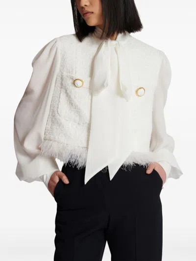 Balmain Pussy-bow Feather-trimmed Silk And Metallic Cotton-blend Tweed Jacket