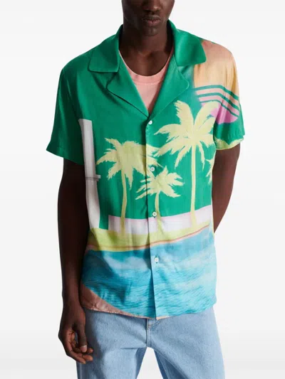 Balmain Short-sleeved Twill Pyjama Shirt With Palm Tree Print
