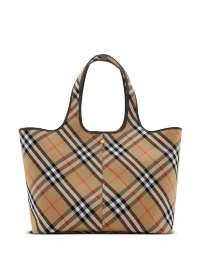 Burberry Check Pattern Tote With Calfskin Trim