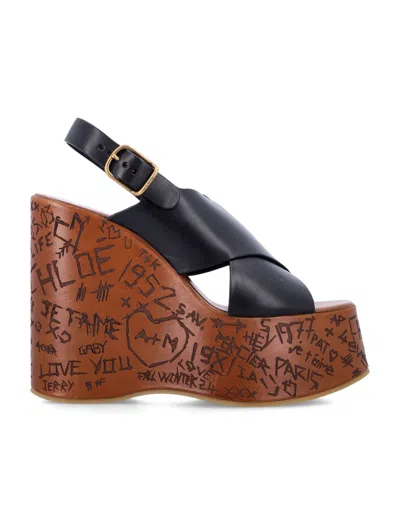 Chloé Maxime Black Wedges With High Embossed High Wedge Heel And Crossover Strap On The Toe In Leather Wom In Black