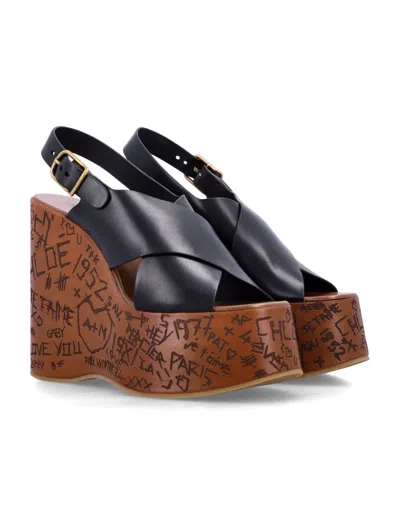 Chloé Maxime Black Wedges With High Embossed High Wedge Heel And Crossover Strap On The Toe In Leather Wom In Black