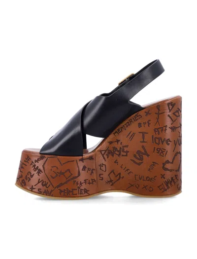 Chloé Maxime Black Wedges With High Embossed High Wedge Heel And Crossover Strap On The Toe In Leather Wom In Black
