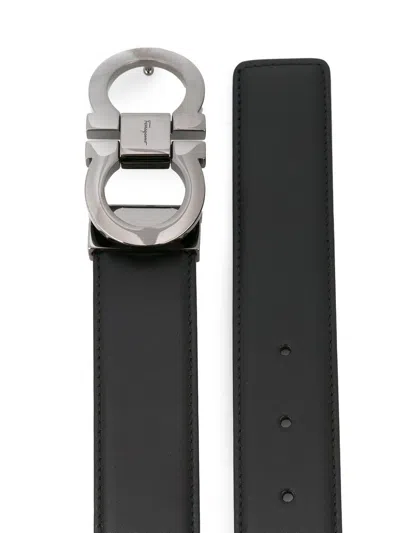 Ferragamo Black And Brown Reversible Belt With Gancini Detail In Smooth Leather Man