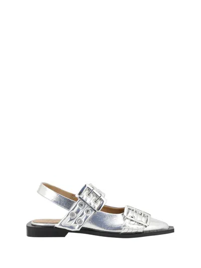 Ganni Silver Slingback Ballet Flat Shoe With Buckles In Silver