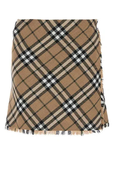 Burberry Womens Nut Ip Check Check-print Fringed Woven Mini Skirt In Multicolor