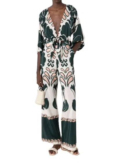 Adriana Degreas Spray Of Flower Wide-leg Pant In Dark Green In Green