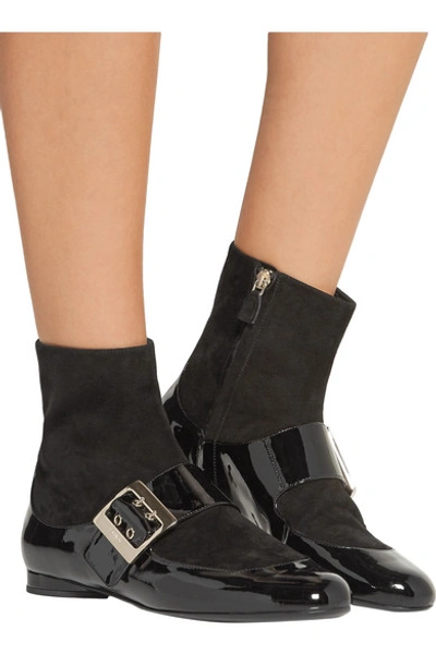 Shop Lanvin Paneled Patent-leather And Suede Boots