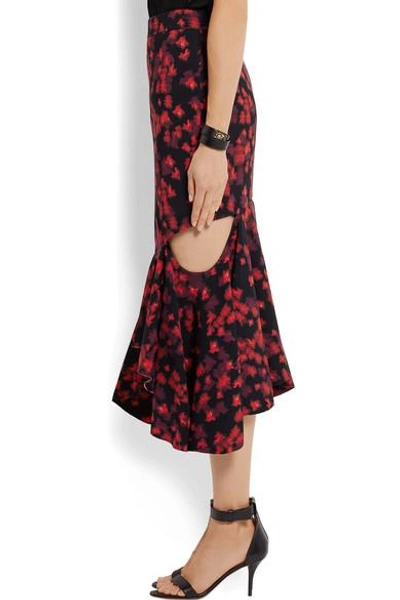 Shop Givenchy Cutout Ruffled Midi Skirt In Floral-print Stretch-satin