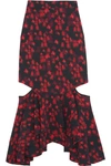 GIVENCHY Cutout ruffled midi skirt in floral-print stretch-satin