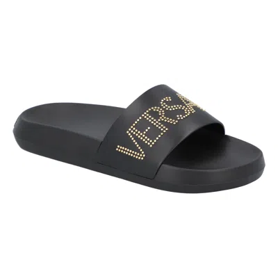 Versace Studded-logo Leather Slides In Black