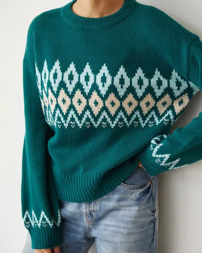 Monrow Wool Fair Isle Crew Neck Sweater In Forest