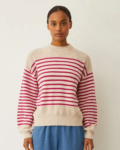 Monrow Wool Cashmere Stripe Sweater In Oatmeal/fuchsia Stripe