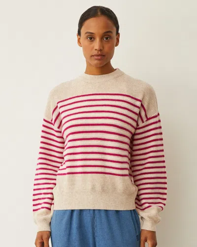 Monrow Wool Cashmere Stripe Sweater In Oatmeal/fuchsia Stripe