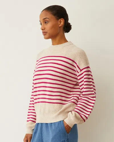 Monrow Wool Cashmere Stripe Sweater In Oatmeal/fuchsia Stripe
