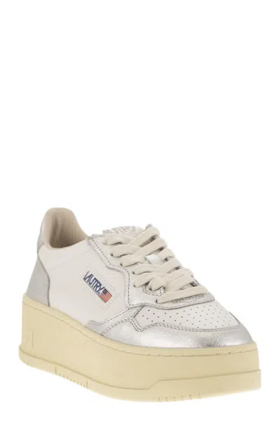Autry White And Silver Low Top Platform Sneakers With Logo