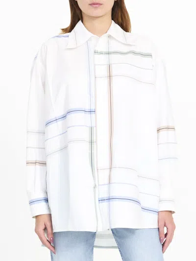 Bottega Veneta Womens White Blue Green Tau Checked Dropped-shoulder Relaxed-fit Cotton Shirt