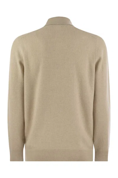 Brunello Cucinelli Men Waffle Stitch Cashmere Knit Polo Shirt With Long Sleeve