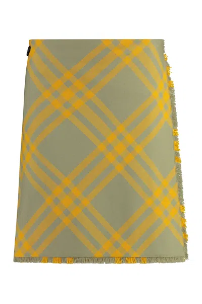 Burberry Fringed Pleated Checked Woven Mini Wrap Skirt