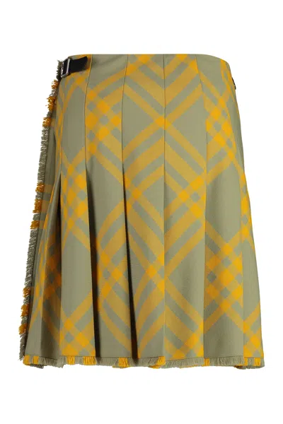 Burberry Fringed Pleated Checked Woven Mini Wrap Skirt