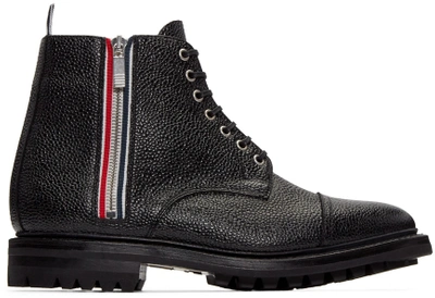 Thom Browne Stripe-trimmed Pebble-grain Leather Boots In Black