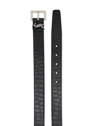 Saint Laurent Cassandre Belt In Crocodile-embossed Leather