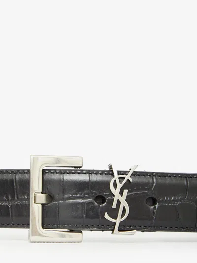 Saint Laurent Cassandre Belt In Crocodile-embossed Leather