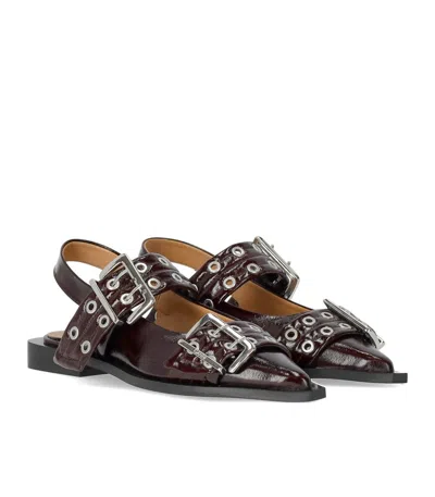 Ganni Black Croco Print Slingback Ballet Flat Shoe With Buckles In Red