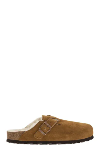 Birkenstock Suede Buckley Shearling Mules In Brown