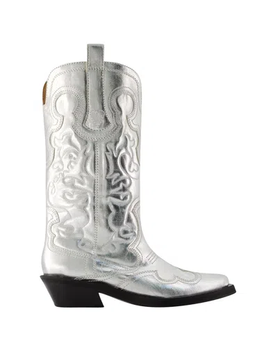 Ganni Recycled Metallic Embroidered Western Boots In Silver