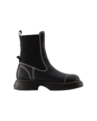 Ganni Topstitched Leather Chelsea Boots In Black