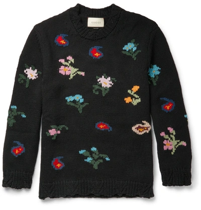 Shop Gucci Intarsia Wool-blend Sweater In Black