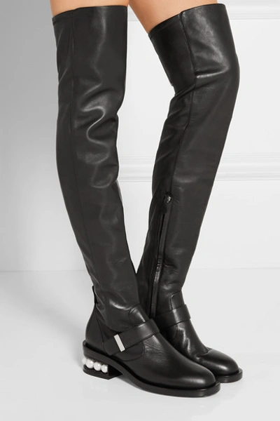 Shop Nicholas Kirkwood Casati Embellished Leather Over-the-knee Boots In Black