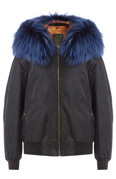 Mr & Mrs Italy Bomber Jacket With Raccoon Fur Collar In Blue