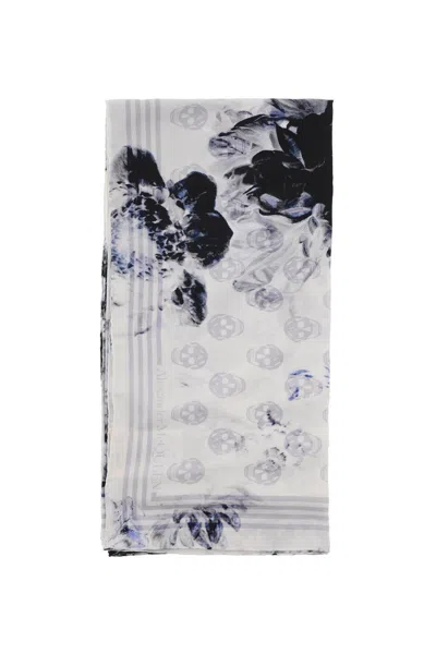 Alexander Mcqueen Silk Foulard With Chiaroscuro Floral Motif In White