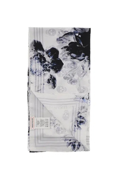 Alexander Mcqueen Silk Foulard With Chiaroscuro Floral Motif In White