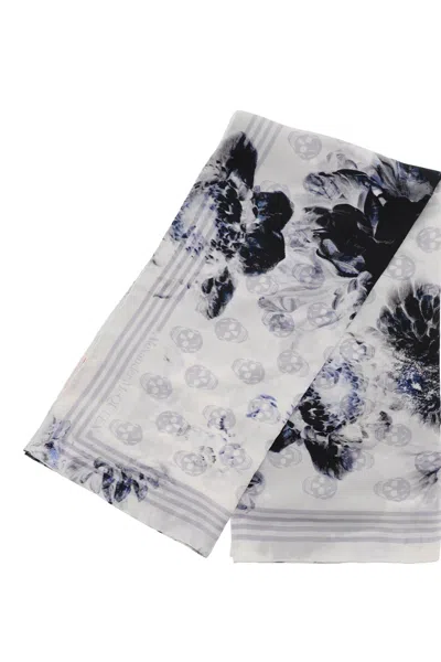 Alexander Mcqueen Silk Foulard With Chiaroscuro Floral Motif In White