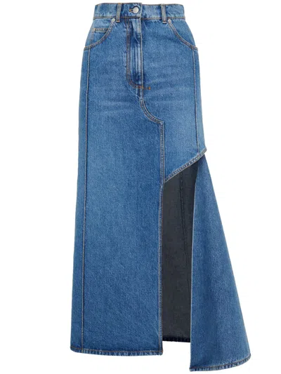 Alexander Mcqueen Denim Midi Skirt With Asymmetric High Slit