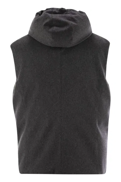 Brunello Cucinelli Men Sleeveless Down Jacket In Membraned Wool Flannel With Detachable Hood