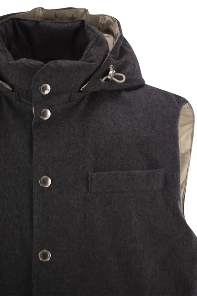 Brunello Cucinelli Men Sleeveless Down Jacket In Membraned Wool Flannel With Detachable Hood