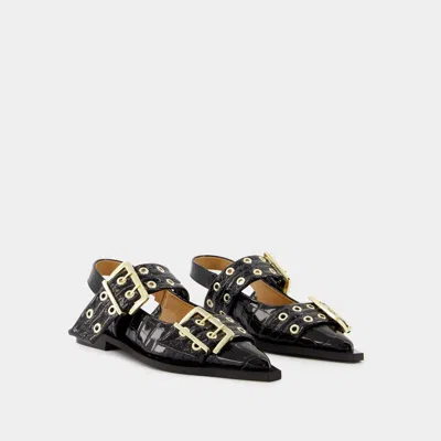 Ganni Crocodile Effect Bucked Ballerina Shoes In Black