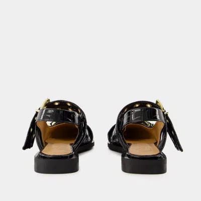 Ganni Crocodile Effect Bucked Ballerina Shoes In Black