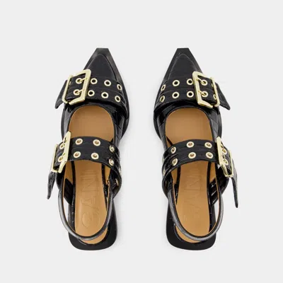 Ganni Crocodile Effect Bucked Ballerina Shoes In Black