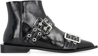 Ganni Black Wide Belt Buckle Ankle Boots