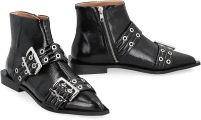 Ganni Black Wide Belt Buckle Ankle Boots