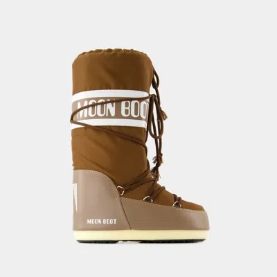 Moon Boot High Suede Boots In Cognac With Wedge Embroidery In Multi