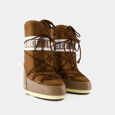 Moon Boot High Suede Boots In Cognac With Wedge Embroidery In Multi