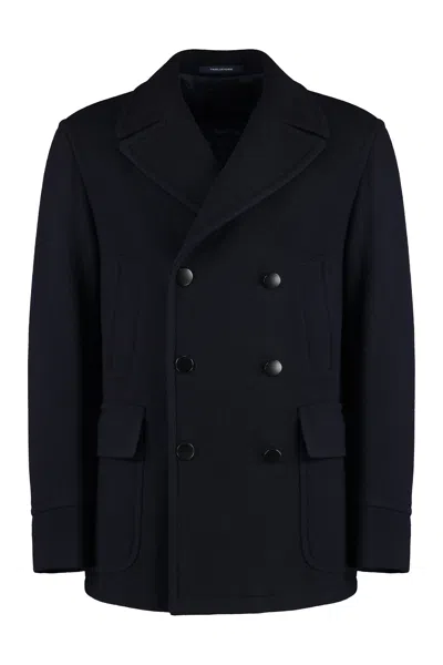 Tagliatore Blue Wool Blend Short Double-breasted Coat In Blue